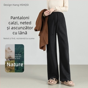 Pantaloni de maternitate croială largă, amestec lână–polieester, susținere pentru burtă, talie înaltă, lungi, pentru iarnă