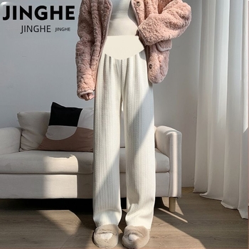 Pantaloni de maternitate pentru toamnă-iarnă, căptuțiți cu fleece, calzi, cu susținere a burții, croială lejeră, din amestec de bumbac-poliester