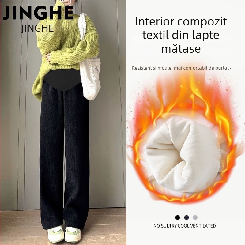 Pantaloni de maternitate pentru toamnă-iarnă, căptuțiți cu fleece, calzi, cu susținere a burții, croială lejeră, din amestec de bumbac-poliester