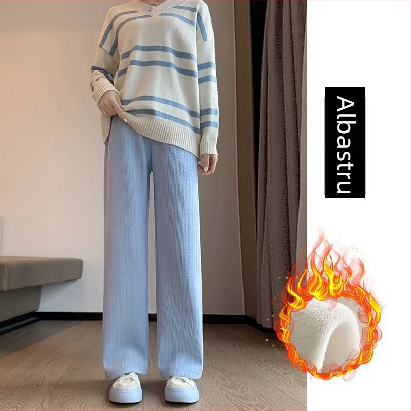 Pantaloni de maternitate pentru toamnă-iarnă, căptuțiți cu fleece, calzi, cu susținere a burții, croială lejeră, din amestec de bumbac-poliester