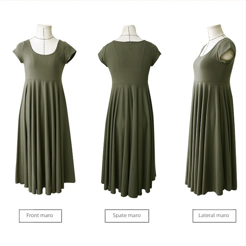 Rochie de maternitate midi, guler rotund, mâneci scurte, 95% bumbac, culoare uni