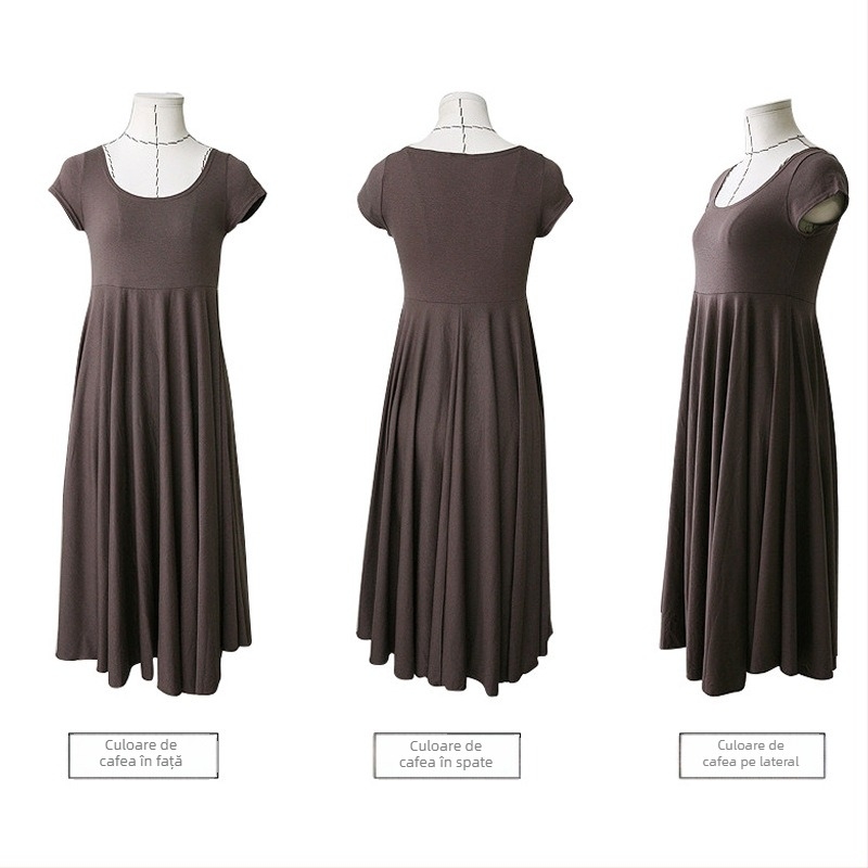 Rochie de maternitate midi, guler rotund, mâneci scurte, 95% bumbac, culoare uni