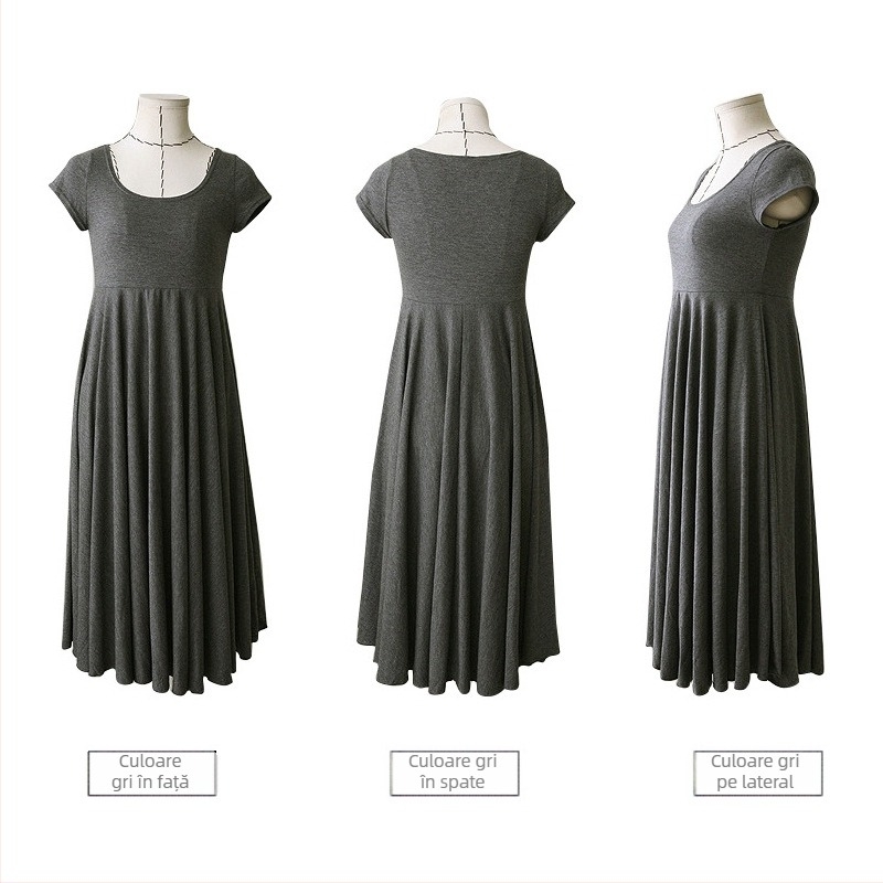Rochie de maternitate midi, guler rotund, mâneci scurte, 95% bumbac, culoare uni