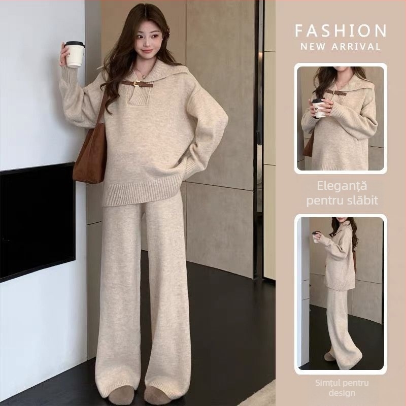 UNMUN set maternitate: top tricotat din lână de cașmir și pantaloni largi, mâneci lungi, guler cu etichetă, țesătură PVC