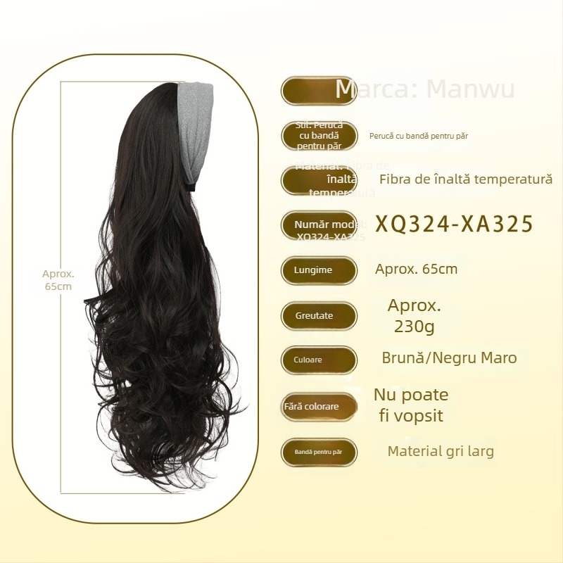 Perucă cu bandă pentru cap – păr lung buclat, breton drept sau înclinat; fibre rezistente la temperatură; poate fi vopsită și tratată prin perm