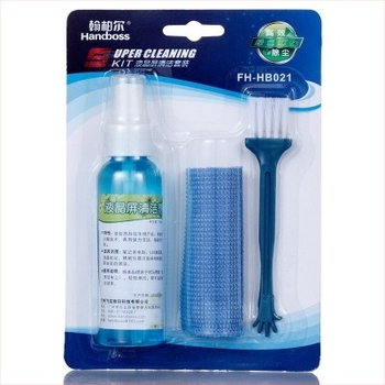 HB-021 Set de curățare 3 piese pentru notebook, telefon, computer și cameră digitală – lichid de curățare pentru ecran, OEM, imprimare logo, ambalaj card de hârtie