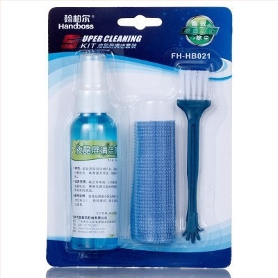 HB-021 Set de curățare 3 piese pentru notebook, telefon, computer și cameră digitală – lichid de curățare pentru ecran, OEM, imprimare logo, ambalaj card de hârtie