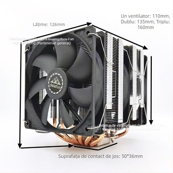 Cooler CPU cu design dual-tower, 6 țevi de transfer termic, rulment hidraulic, sincronizare RGB 5V, interfață USB 4
