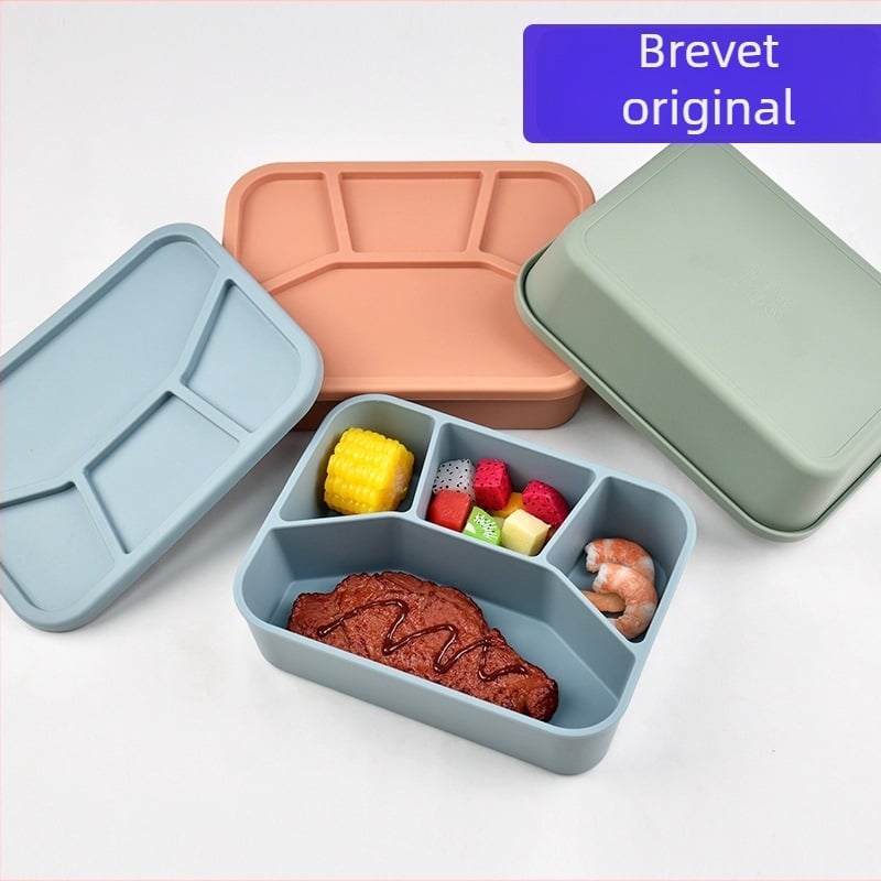 Cutie de prânz din siliconă, cu patru compartimente, potrivită pentru cuptorul cu microunde, etanșă și portabilă, capacitate 800–1000 ml