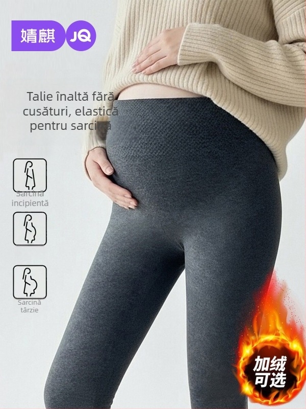 Colanți de maternitate cu căptușeală din fleece, căldură de iarnă, croială slim, talie medie, țesătură viscoză-poliester