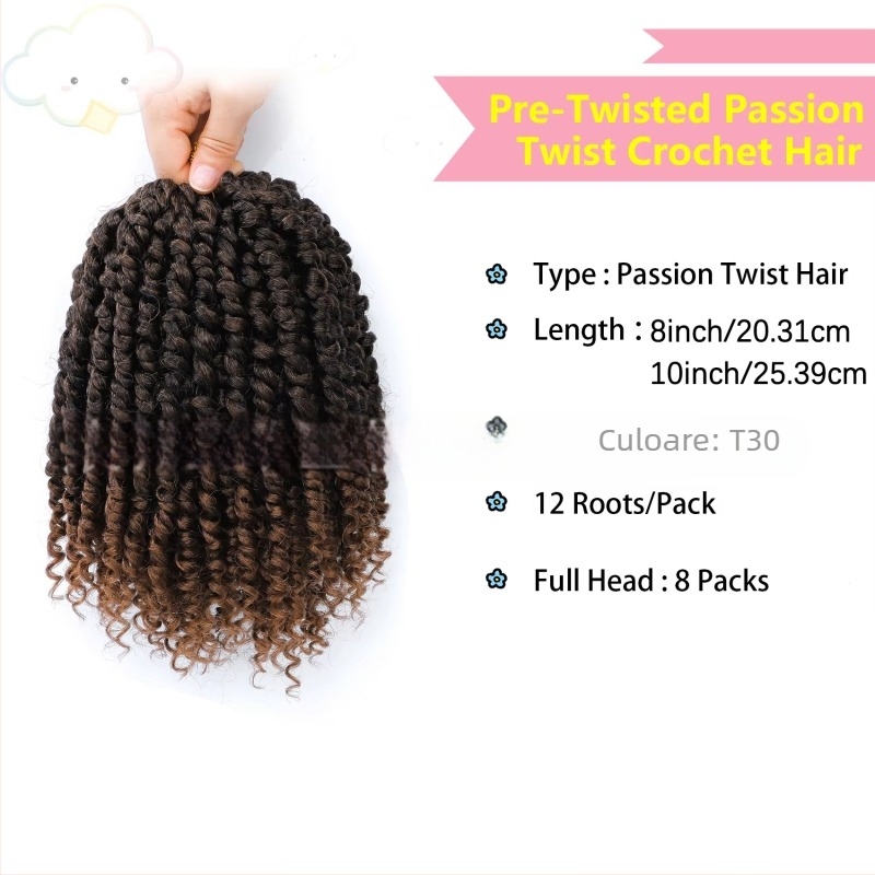 Perucă Afro Passion Twist, 8-14 inchi, din fibre sintetice rezistente la căldură, cu două șuvițe