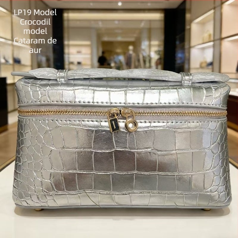Geantă de umăr cu model crocodil, piele naturală, formă orizontală dreptunghiulară, cu fermoar