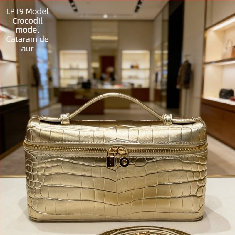 Geantă de umăr cu model crocodil, piele naturală, formă orizontală dreptunghiulară, cu fermoar