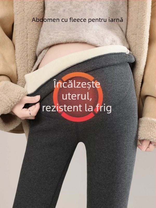Pantaloni de maternitate cu căptușeală de fleece, groși și calzi, susținere pentru abdomen, talie înaltă, croială mulată, lungi, material poliester