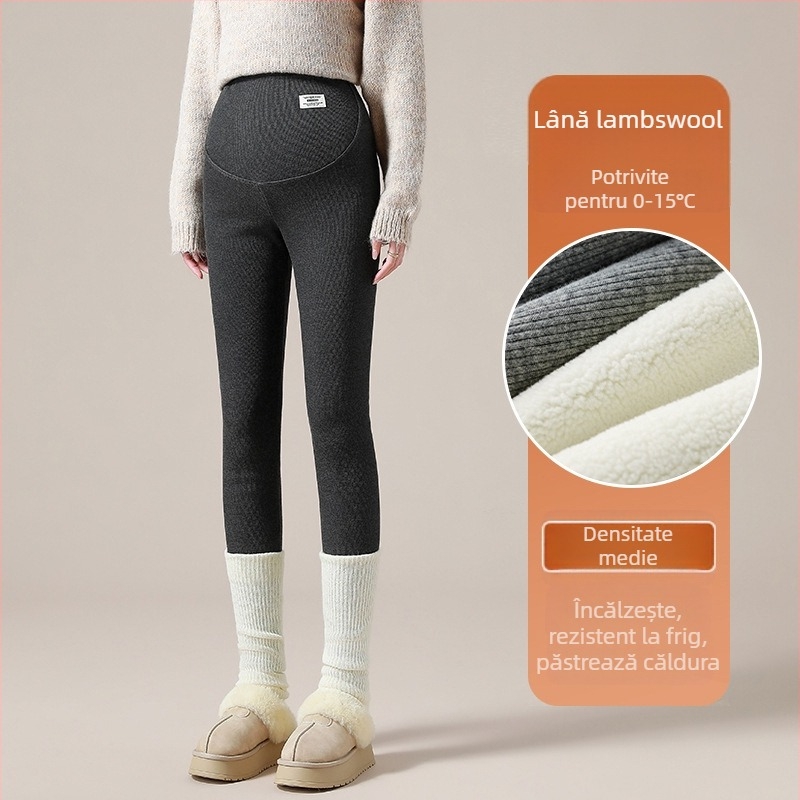 Pantaloni de maternitate cu căptușeală de fleece, groși și calzi, susținere pentru abdomen, talie înaltă, croială mulată, lungi, material poliester