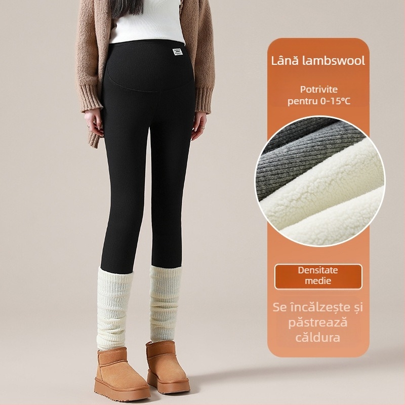 Pantaloni de maternitate cu căptușeală de fleece, groși și calzi, susținere pentru abdomen, talie înaltă, croială mulată, lungi, material poliester