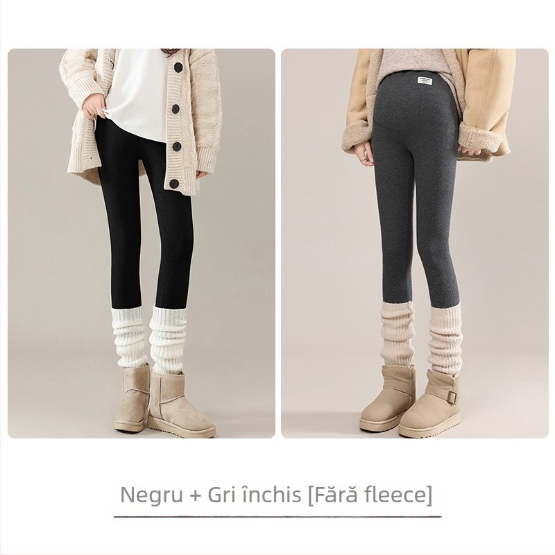 Pantaloni de maternitate cu căptușeală de fleece, groși și calzi, susținere pentru abdomen, talie înaltă, croială mulată, lungi, material poliester