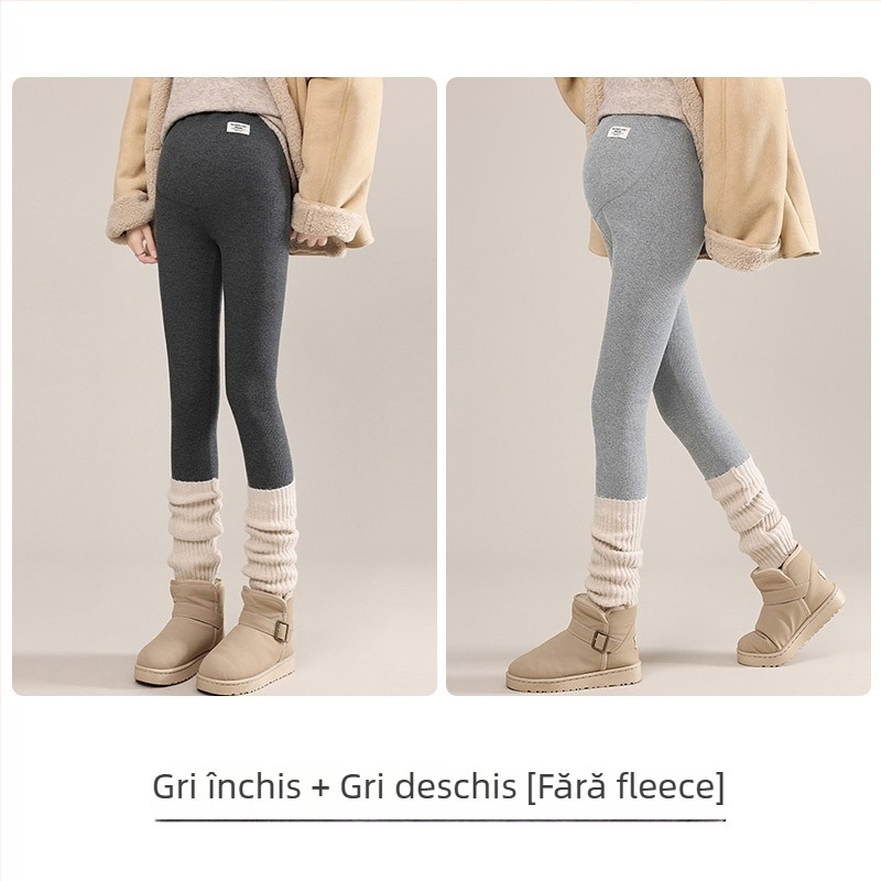 Pantaloni de maternitate cu căptușeală de fleece, groși și calzi, susținere pentru abdomen, talie înaltă, croială mulată, lungi, material poliester