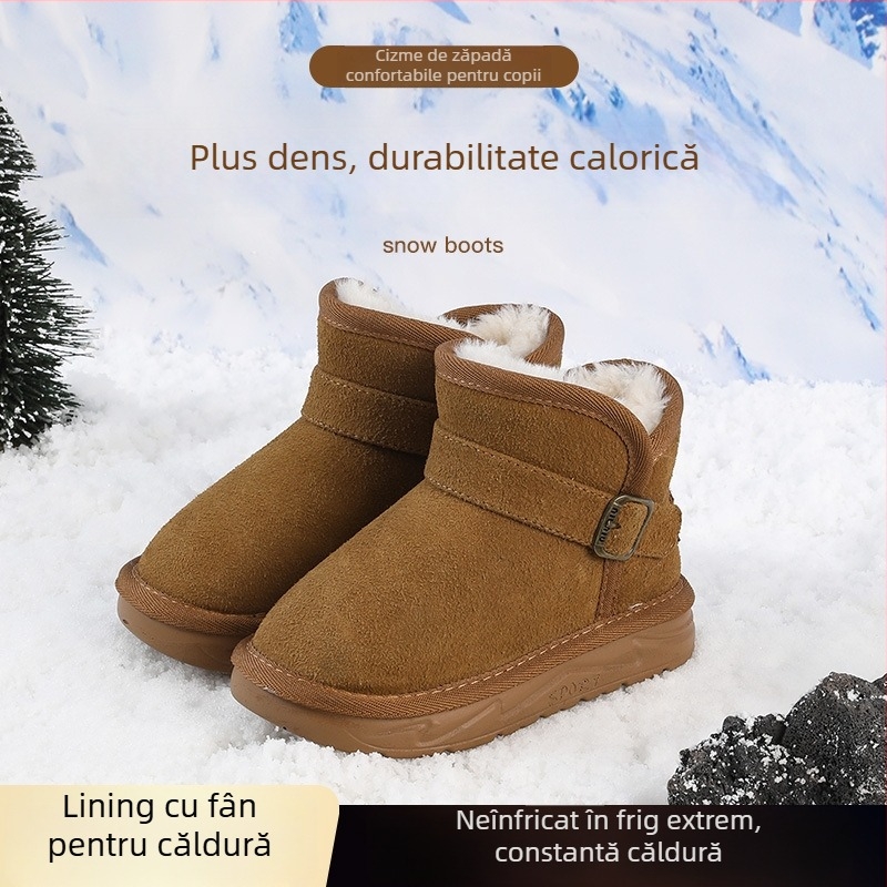 Cizme de zăpadă pentru copii, stil desen animat, exterior din piele sintetică, impermeabile, guler pufos, talpă groasă