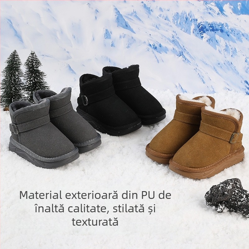 Cizme de zăpadă pentru copii, stil desen animat, exterior din piele sintetică, impermeabile, guler pufos, talpă groasă