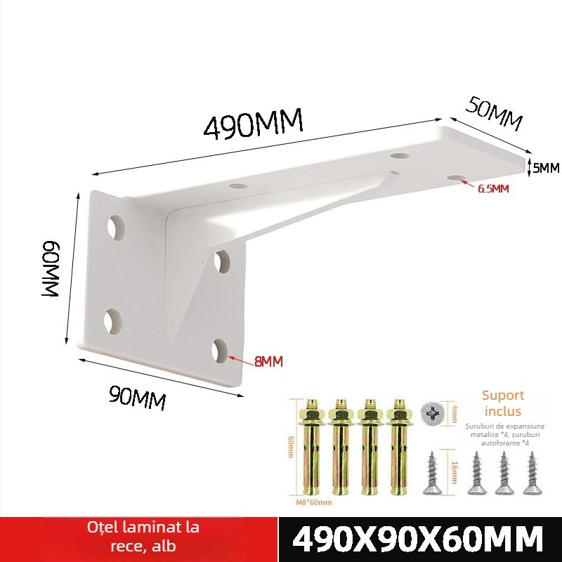 Suport montat pe perete pentru rafturi, suport triunghiular cu bază invizibilă, încărcare pentru rafturi și dulapuri, stil modern minimalist, model c256222, oțel laminat la rece