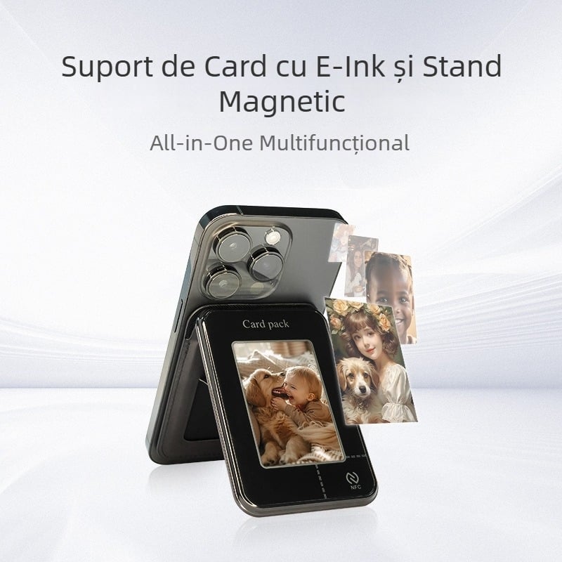 Holder de carduri cu ecran e-ink și suport magnetic de proiecție a ecranului, compatibil cu iPhone și Android