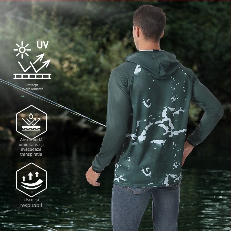 Jachetă de exterior unisex cu glugă, imprimeu camuflaj, poliester, uscat rapid, respirabilă