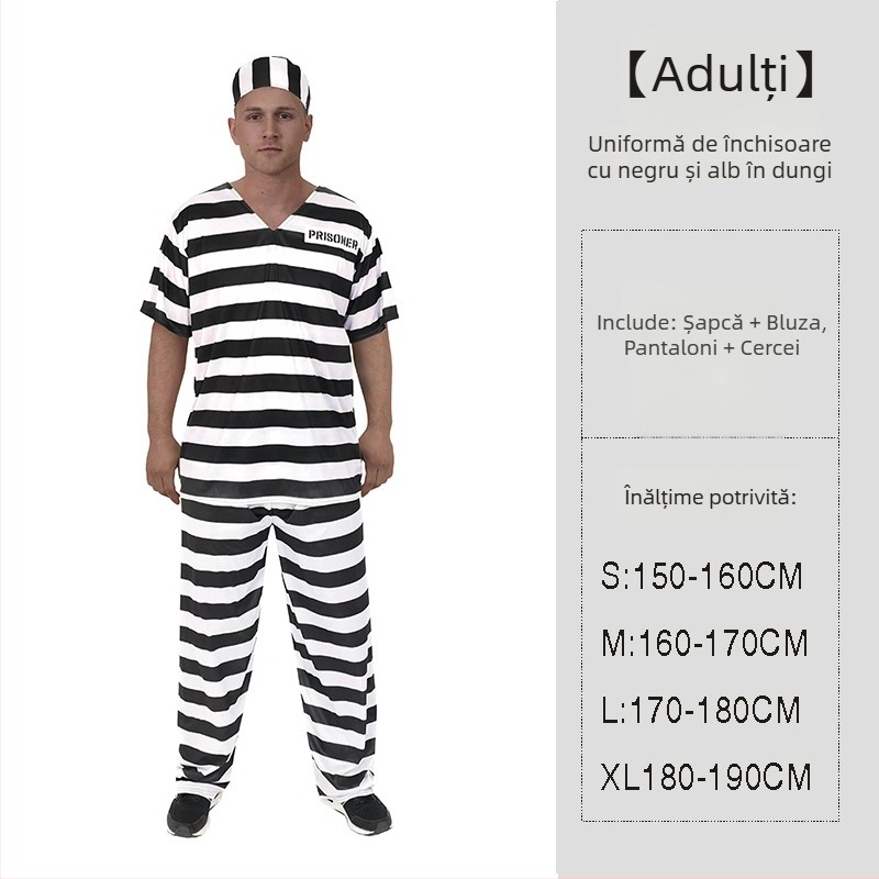 Costum de deținut unisex pentru Halloween, cu model în dungi - țesătură poliester, fibră de celuloză regenerată ≥95%, pentru scenă/mascaradă, sub 17 ani