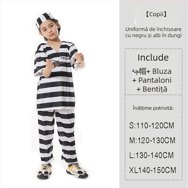 Costum de deținut unisex pentru Halloween, cu model în dungi - țesătură poliester, fibră de celuloză regenerată ≥95%, pentru scenă/mascaradă, sub 17 ani