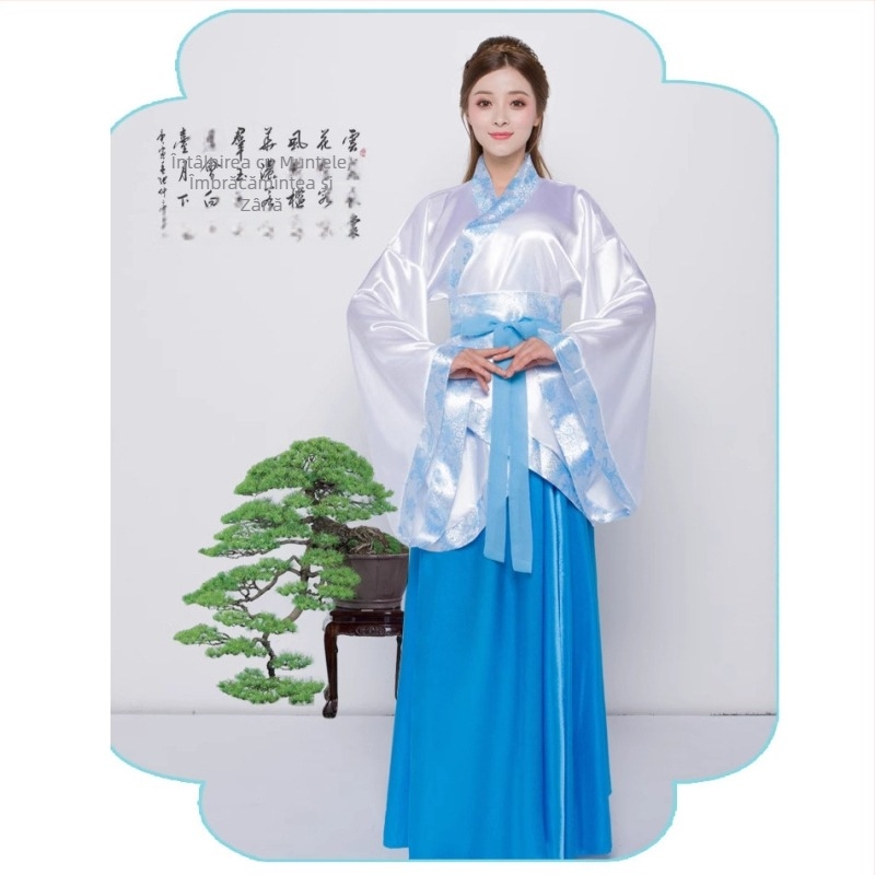 Costum Hanfu de dans pentru bărbați: Zână Qu'e cu fustă ru pentru operă sau reprezentație scenică, poliester ≥95%