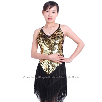 Rochie de dans latin pentru scenă, fără spate, cu paiete și fringă; material Crystal hemp; material principal Spandex; Polyester 95%+; brand Trendy posture; pentru femei