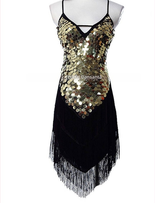 Rochie de dans latin pentru scenă, fără spate, cu paiete și fringă; material Crystal hemp; material principal Spandex; Polyester 95%+; brand Trendy posture; pentru femei