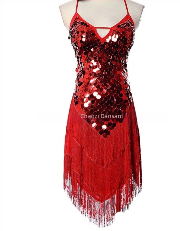 Rochie de dans latin pentru scenă, fără spate, cu paiete și fringă; material Crystal hemp; material principal Spandex; Polyester 95%+; brand Trendy posture; pentru femei