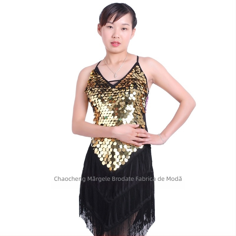 Rochie de dans latin pentru scenă, fără spate, cu paiete și fringă; material Crystal hemp; material principal Spandex; Polyester 95%+; brand Trendy posture; pentru femei