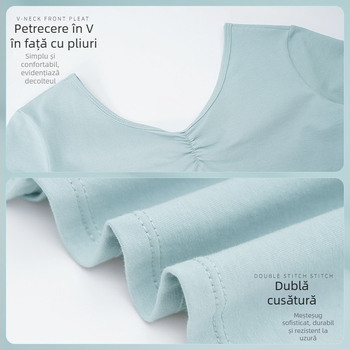 Body balet pentru femei adulte – top scurt cu mâneci, pliuri la bust, material din bumbac vara, căptușeală de spandex, dans modern