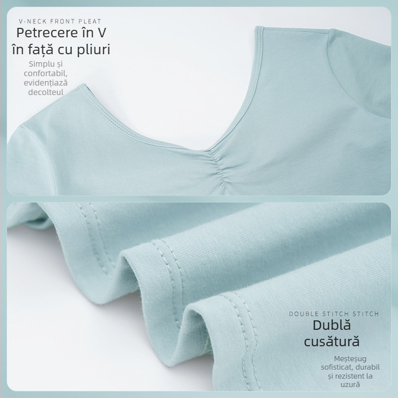 Body balet pentru femei adulte – top scurt cu mâneci, pliuri la bust, material din bumbac vara, căptușeală de spandex, dans modern
