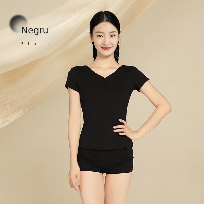 Body balet pentru femei adulte – top scurt cu mâneci, pliuri la bust, material din bumbac vara, căptușeală de spandex, dans modern
