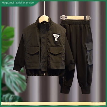 Set de două piese pentru băieți din corduroy cu blană de iepure, tricou cu mânecă lungă și șort, stil toamnă, lansare primăvara 2025, 0–1 ani