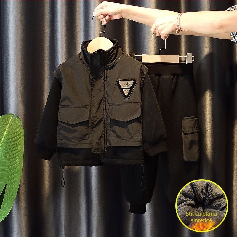 Set de două piese pentru băieți din corduroy cu blană de iepure, tricou cu mânecă lungă și șort, stil toamnă, lansare primăvara 2025, 0–1 ani