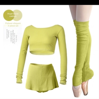 Set de balet pentru femei adulte — top tricotat cropped, mâneci lungi, ansamblu de antrenament în trei piese, lansare primăvara 2025; țesătură tricot, PVC ≤ 30%; stil chinezesc, retro literar