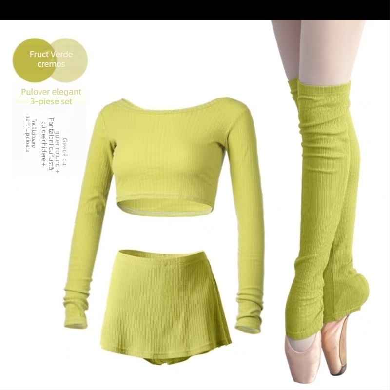 Set de balet pentru femei adulte — top tricotat cropped, mâneci lungi, ansamblu de antrenament în trei piese, lansare primăvara 2025; țesătură tricot, PVC ≤ 30%; stil chinezesc, retro literar