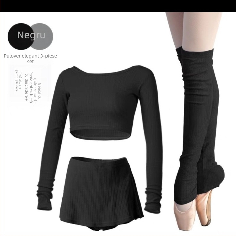 Set de balet pentru femei adulte — top tricotat cropped, mâneci lungi, ansamblu de antrenament în trei piese, lansare primăvara 2025; țesătură tricot, PVC ≤ 30%; stil chinezesc, retro literar