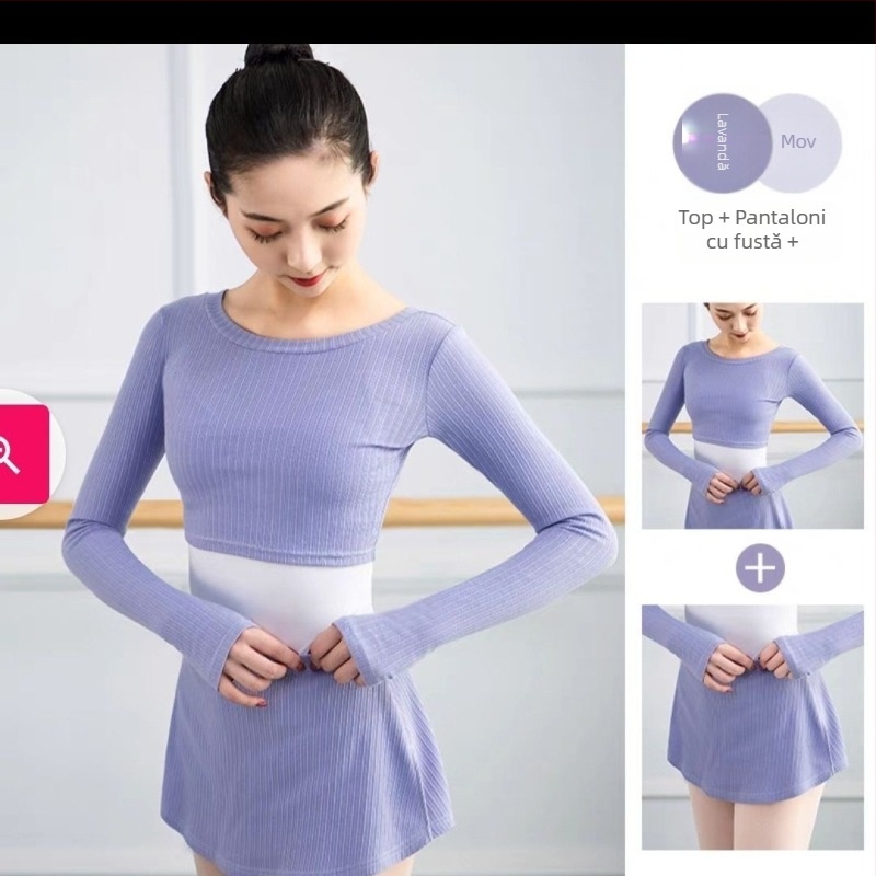 Set de balet pentru femei adulte — top tricotat cropped, mâneci lungi, ansamblu de antrenament în trei piese, lansare primăvara 2025; țesătură tricot, PVC ≤ 30%; stil chinezesc, retro literar