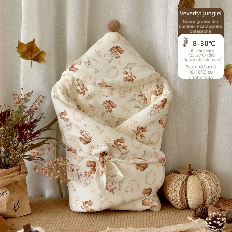 Cuvertură pentru nou-născuți, iarnă, din bumbac pur, umplutură poliester/bumbac, 0.55-1.0 kg, cu strat interior detașabil de bumbac