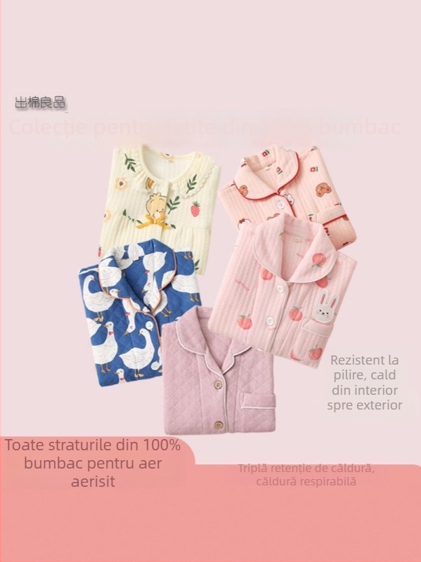 Set de pijamale pentru fete cu cardigan, 100% bumbac, material air-cotton, menține căldura, pentru copii de 3–8 ani