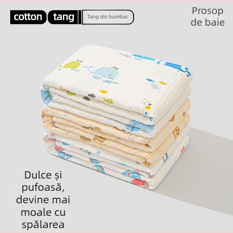 Set prosoape de baie din tifon pentru bebeluși – 6 straturi, 100% bumbac, 300–400 g, model cu desene animate, Mu Mu Xiong