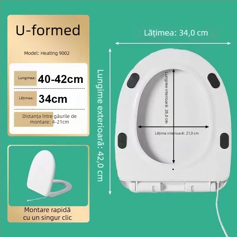 Capac de toaletă inteligent încălzit cu încălzire instantanee și încălzire a inelului, din PP, distanța dintre găuri 14, montaj ușor, design universal.