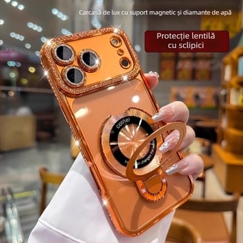 Carcasă magnetică pentru iPhone cu ornamente din rhinestones, finisaj electroplacat și folie de protecție a obiectivului camerei, compatibilă cu iPhone 11-17