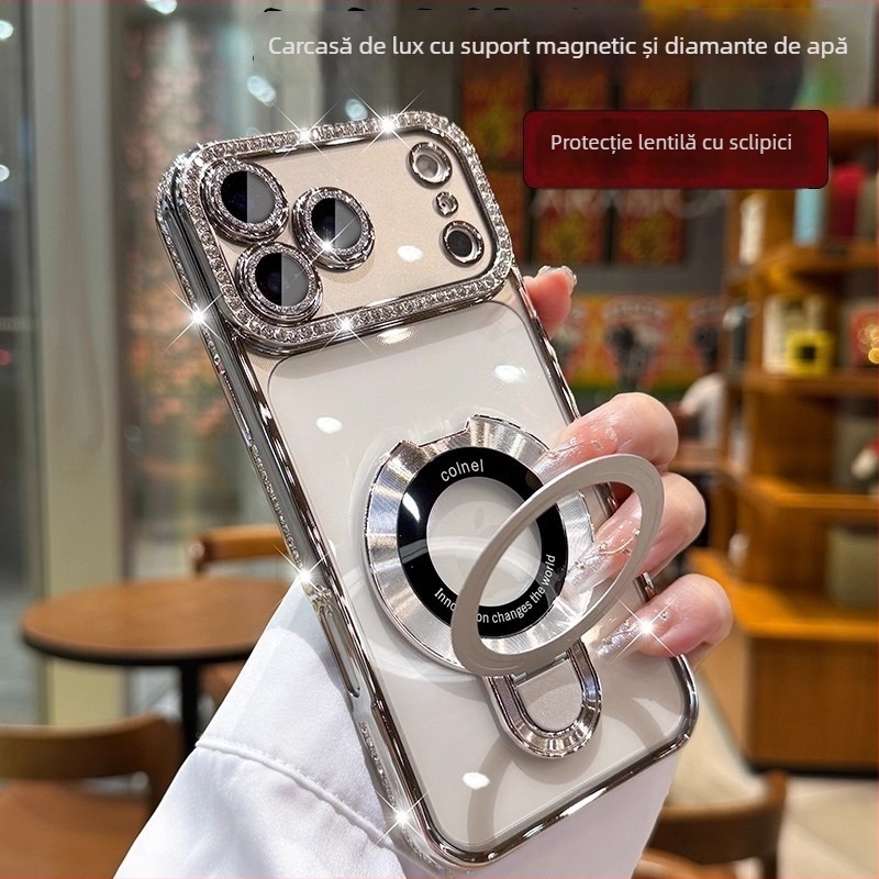 Carcasă magnetică pentru iPhone cu ornamente din rhinestones, finisaj electroplacat și folie de protecție a obiectivului camerei, compatibilă cu iPhone 11-17