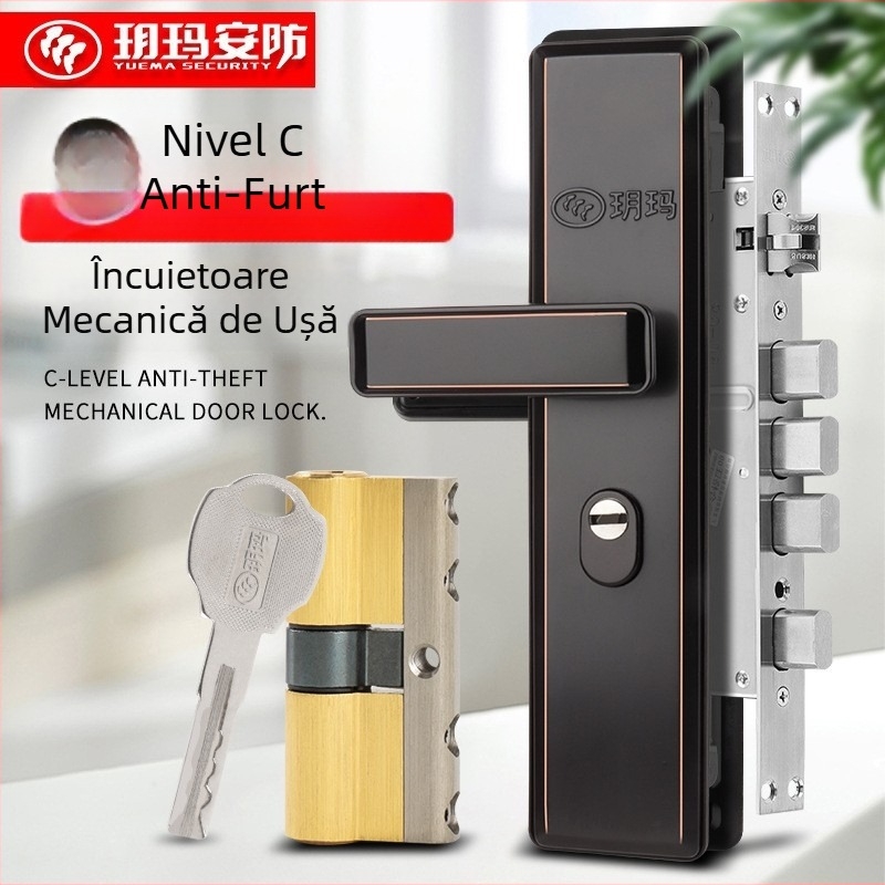 Încuietoare de ușă tip mortise pentru intrare, mâner din oțel inoxidabil, cilindru din cupru clasă C, set de trei piese, cu cheie